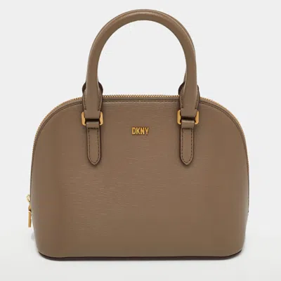 Dkny Taupe Brown Leather Top Zip Dome Satchel In White