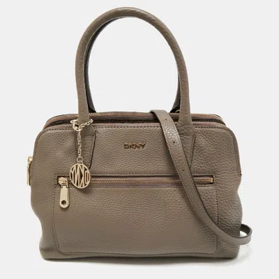Dkny Taupe Grey Leather Double Zip Satchel In Gray