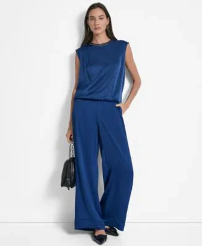 Dkny Textured Sleeveless Top Glazed Wide Leg Pants In Blue