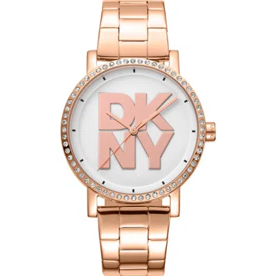 Dkny Three Hand Quartz Crystal Embellished Bracelet Watch, 36mm In Rose Gold