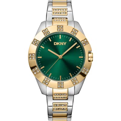 Dkny Three Hand Quartz Crystal Embellished Bracelet Watch, 36mm In Two Tone Silver And Gold