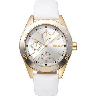 Dkny Three Hand Quartz Leather Strap Bracelet, 34mm In White