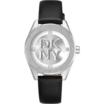 Dkny Three Hand Quartz Leather Strap Watch, 34mm In Black