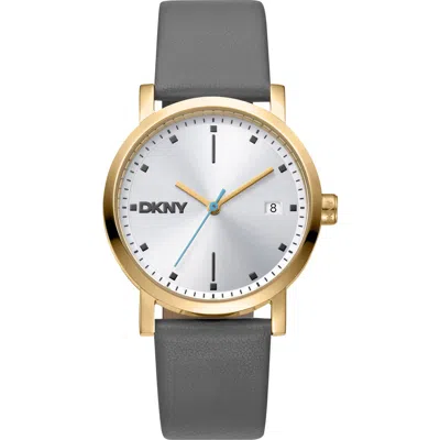 Dkny Three Hand Quartz Leather Strap Watch, 34mm In Black