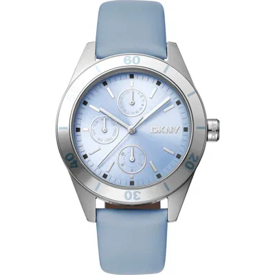 Dkny Three Hand Quartz Leather Strap Watch, 34mm In Light Blue