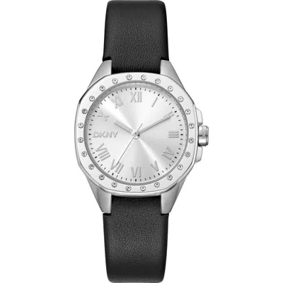 Dkny Three Hand Quartz Leather Strap Watch, 36mm In Black