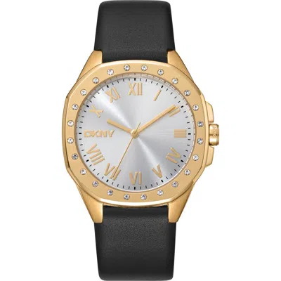 Dkny Three Hand Quartz Leather Strap Watch, 36mm In Black