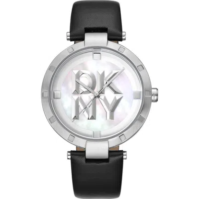 Dkny Three Hand Quartz Leather Strap Watch, 38mm In Black