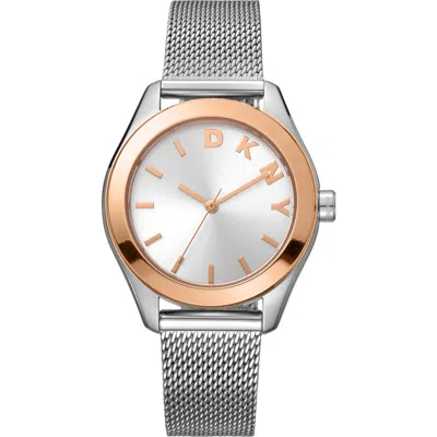 Dkny Three Hand Quartz Mesh Strap Watch, 34mm In Silver