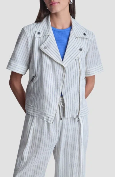 Dkny Ticking Stripe Short Sleeve Linen Blend Moto Jacket In Blue