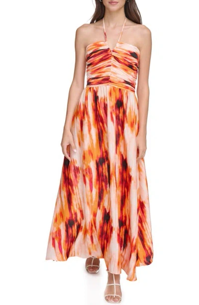 Dkny Women's Printed Satin Strappy Halter Maxi Dress In Orange Blossom Multi