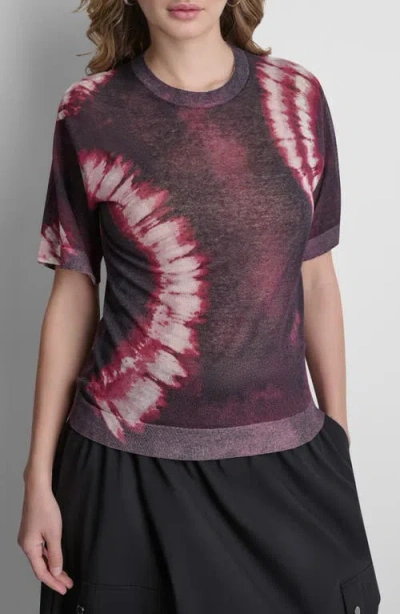 Dkny Tie Dye Short Sleeve Cotton Blend Sweater In Burgundy