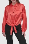 Dkny Tie Front Satin Shirt In Watermelon Sugar