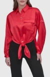 Dkny Tie Front Satin Shirt In Watermelon