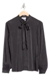 Dkny Tie Neck Crushed Satin Button-up Shirt In Black