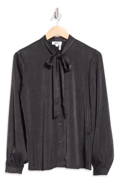 Dkny Tie Neck Crushed Satin Button-up Shirt In Black