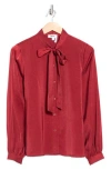 Dkny Tie Neck Crushed Satin Button-up Shirt In Burgundy