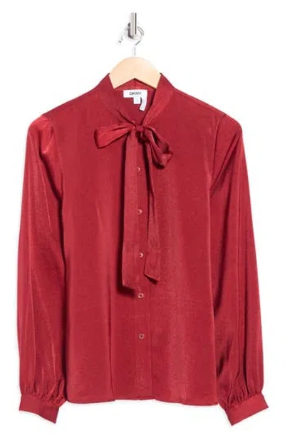 Dkny Tie Neck Crushed Satin Button-up Shirt In Burgundy