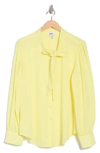 Dkny Tie Neck Long Sleeve Button-up Top In Yellow