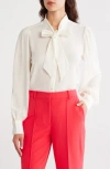 Dkny Tie Neck Long Sleeve Button-up Top In White