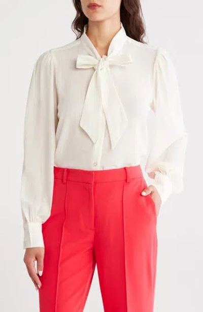 Dkny Tie Neck Long Sleeve Button-up Top In White