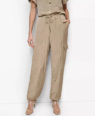 Dkny Tie-waist High-rise Crinkled Jogger Cargo Pants In Taupe In Brown