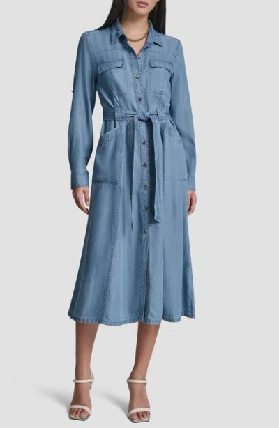 Dkny Tie Waist Roll Tab Chambray Midi Shirtdress In Blue