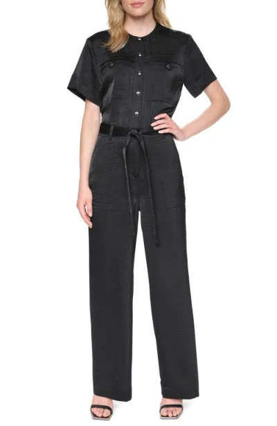 Dkny Tie Waist Satin Utility Jumpsuit In Black