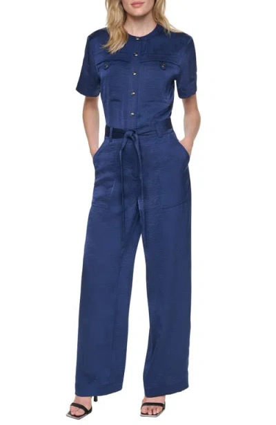 Dkny Tie Waist Satin Utility Jumpsuit In Blue