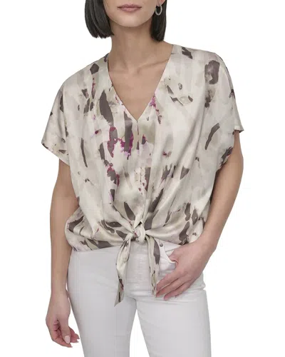 Dkny Tie-front Scarf Twill Top In Neutral