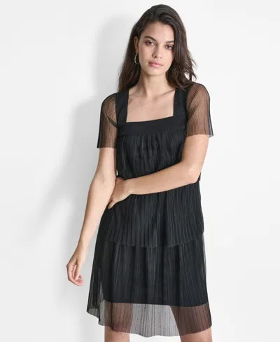 Dkny Tiered Dress Women's Black Square Neck Sheer Sleeve Pullover Fts1132