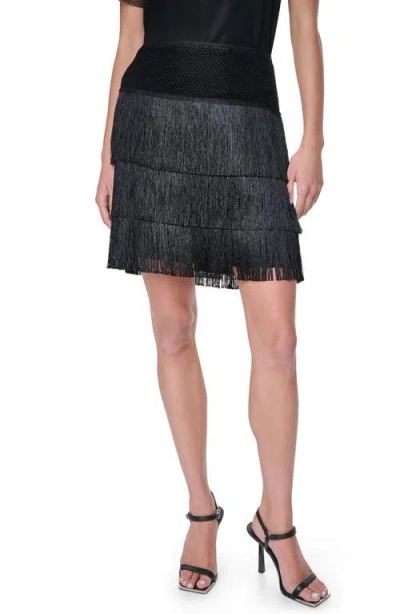 Dkny Tiered Fringe Miniskirt In Black