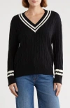 Dkny Tipped Stripe V-neck Cotton Sweater