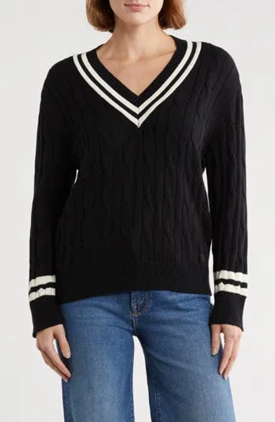 Dkny Tipped Stripe V-neck Cotton Sweater