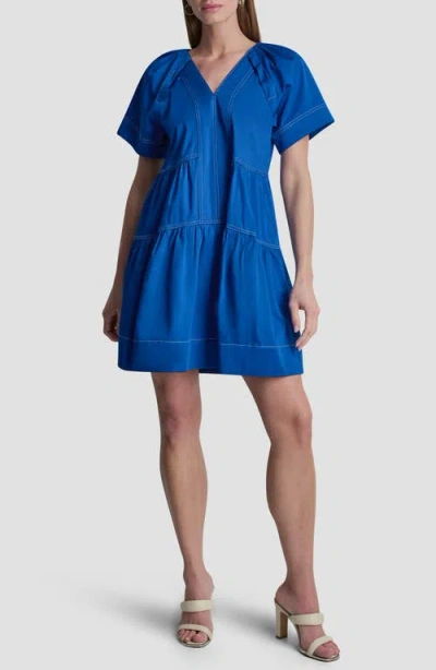 Dkny Topstitch Detail Stretch Cotton Tiered Minidress In Blue