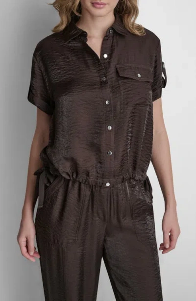 Dkny Twinkle Crinkle Roll Tab Cuff Button-up Shirt In Brown
