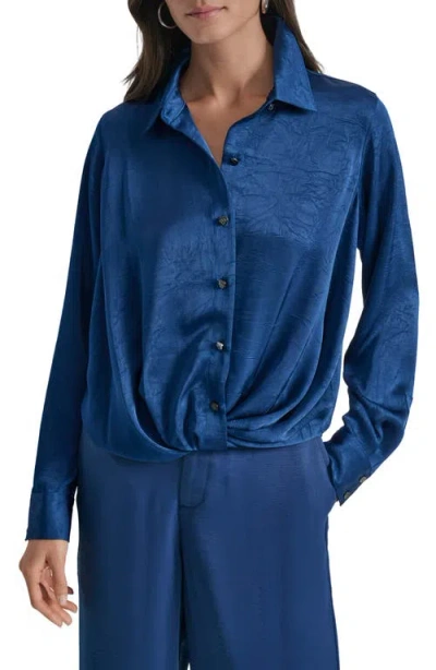 Dkny Twist Front Crinkle Satin Shirt In Blue