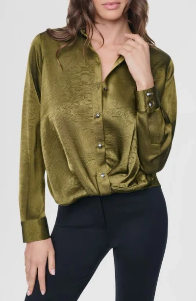 Dkny Twist Front Crinkle Satin Shirt In Green