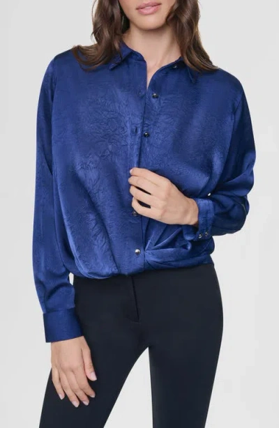 Dkny Twist Front Crinkle Satin Shirt In Blue