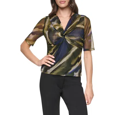 Dkny Twist Front Mesh Top In Green