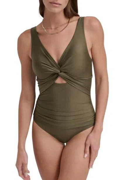 Dkny Twist Keyhole One-piece Swimsuit In Moss Shimmer
