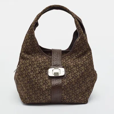 Pre-owned Dkny Twist Lock Brown Monogram Canvas And Croc Embossed Leather Hobo