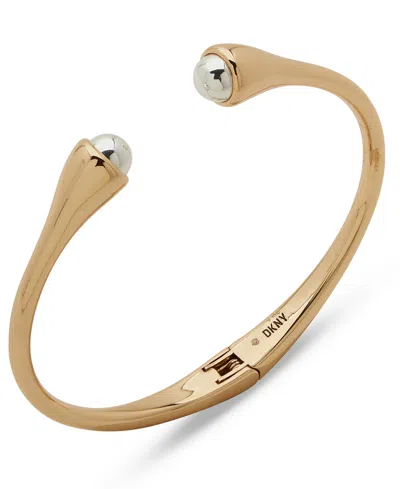 Dkny Two-tone Bead-tipped Hinged Cuff Bracelet In Gold,silve