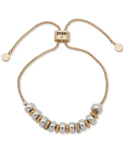 Dkny Two-tone Crystal Pave Rondelle Slider Bracelet In Crystal,silver