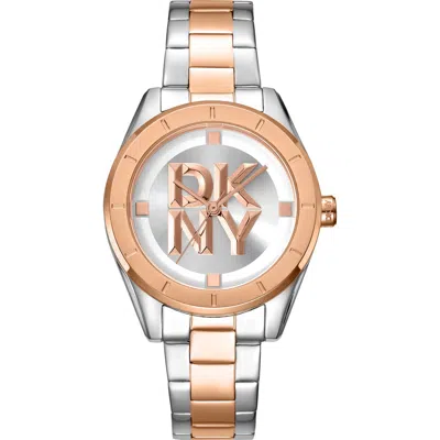 Dkny Two Tone Quartz Bracelet Watch, 34mm In Two Tone Silver And Rose Gold