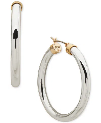 Dkny Two-tone Tube Clicktop Medium Hoop Earrings, 1.6" In Silver
