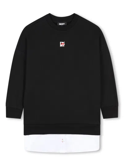 Dkny Kids' Under-layered Hem Logo Print Sweatshirt-dress In Black