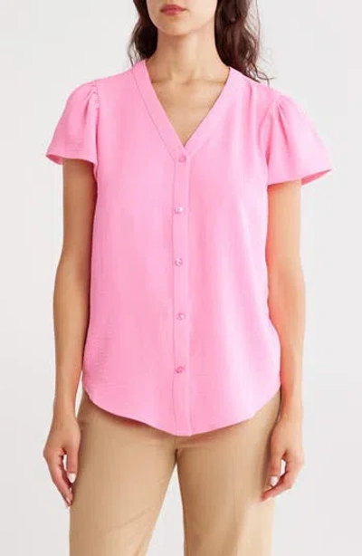 Dkny V-neck Button-up Top In Red