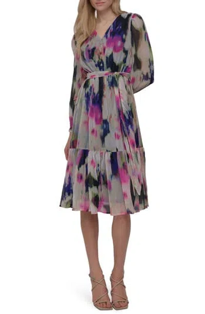 Dkny V-neck Long Sleeve Fit & Flare Dress In Multi