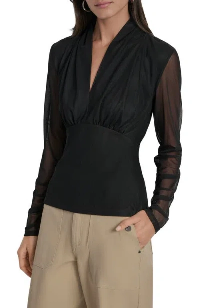 Dkny V-neck Mesh Sleeve Top In Black
